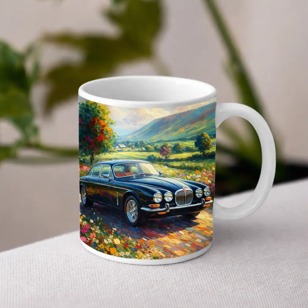 Jaguar XJ Classic Car Impressionist Countryside Painting – Mugs