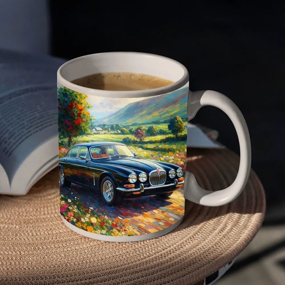 Jaguar XJ Classic Car Impressionist Countryside Painting – Mugs