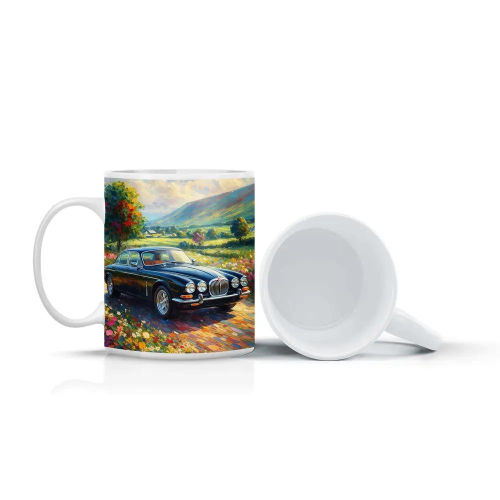 Jaguar XJ Classic Car Impressionist Countryside Painting – Mugs