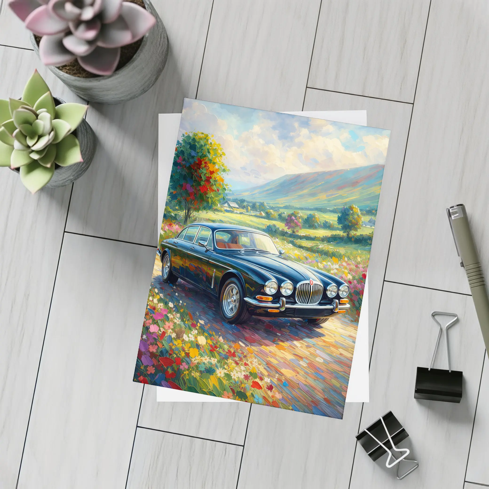 Jaguar XJ Classic Car Impressionist Countryside Painting – Postcards