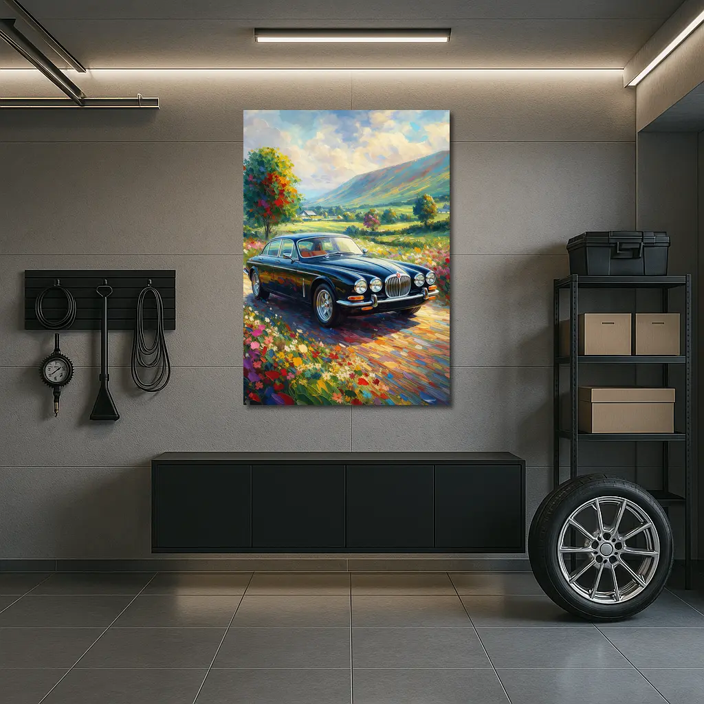 Jaguar XJ Classic Car Impressionist Countryside Painting – Wall Art