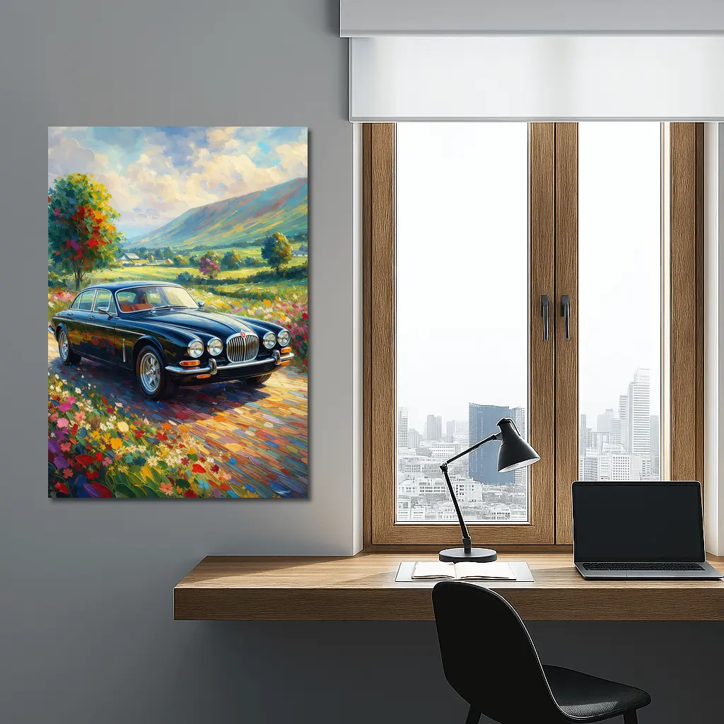 Jaguar XJ Classic Car Impressionist Countryside Painting – Wall Art