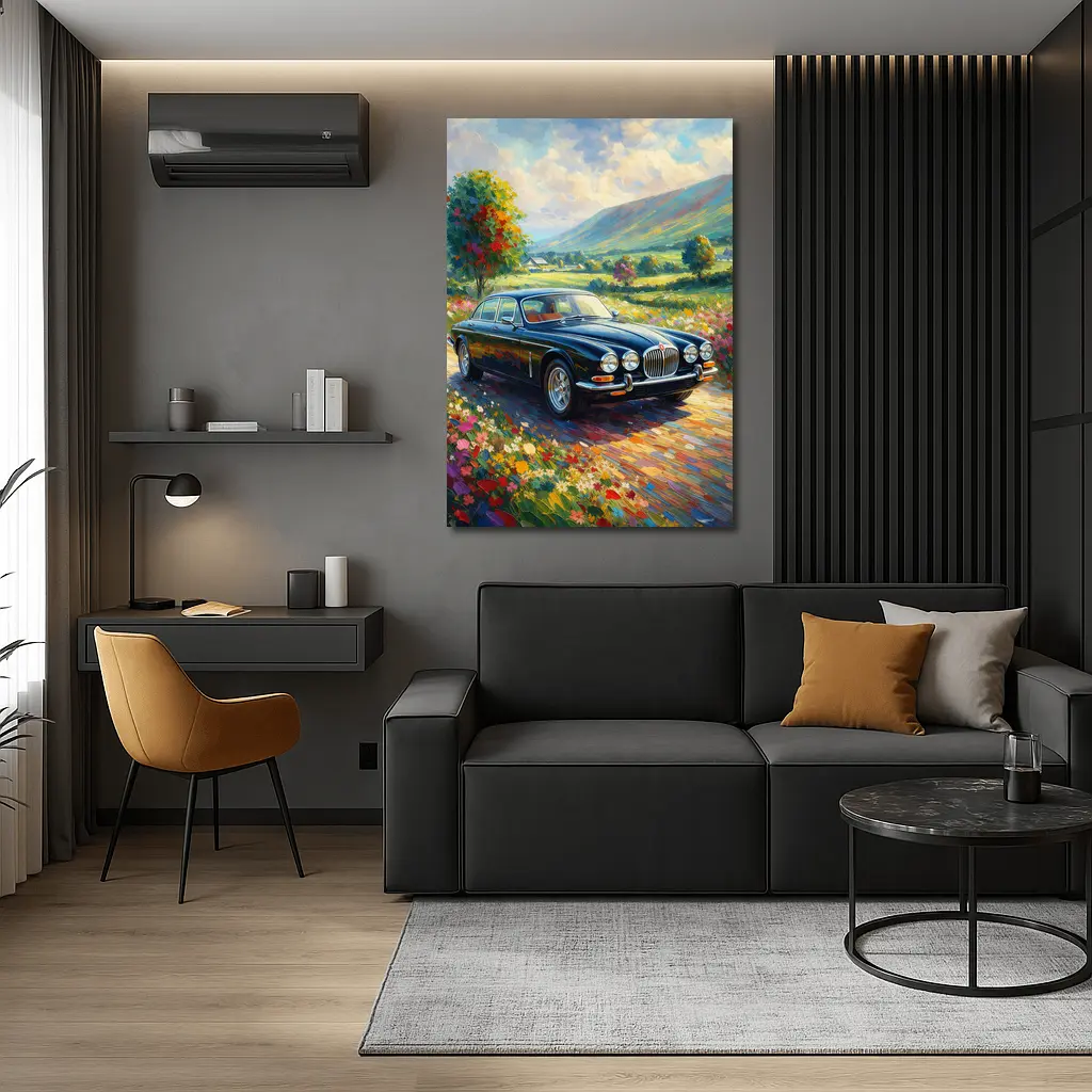 Jaguar XJ Classic Car Impressionist Countryside Painting – Wall Art