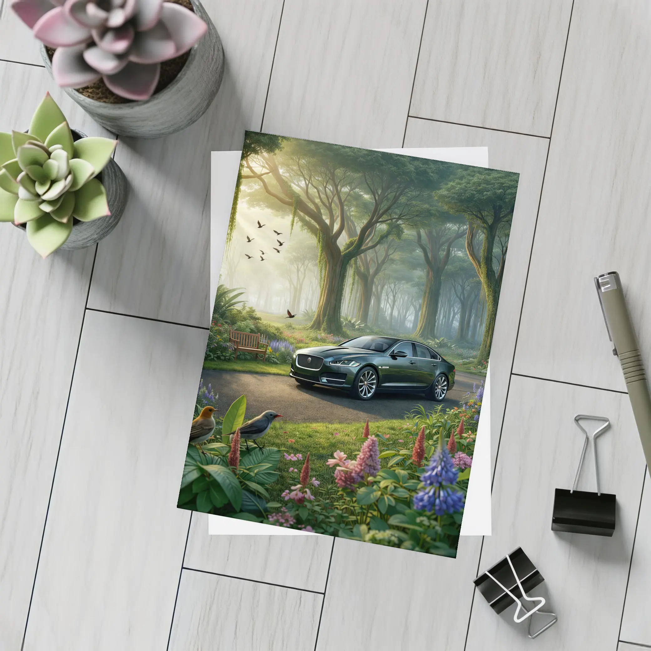 Jaguar XJ Sedan in Lush Forest Garden – Postcards
