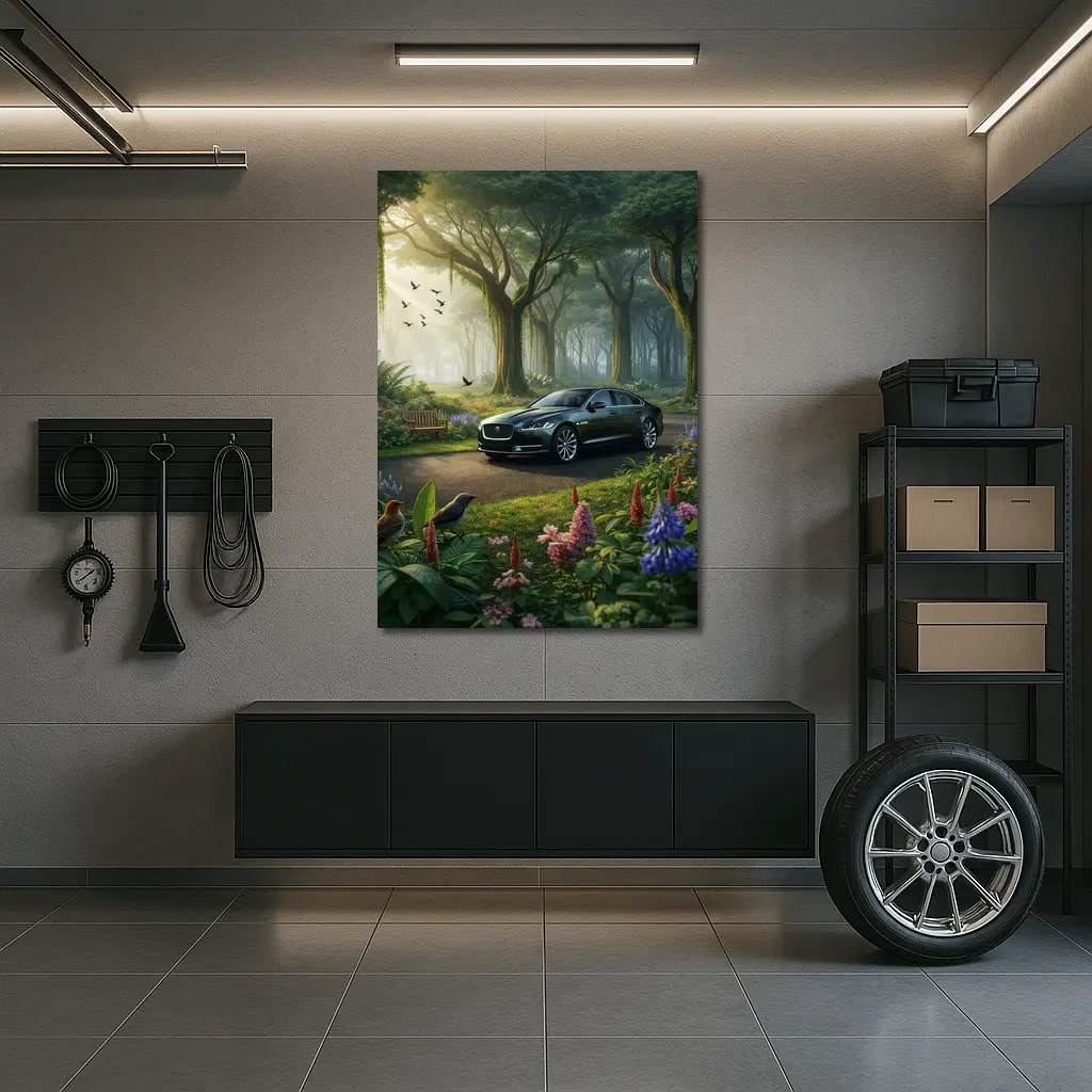 Jaguar XJ Sedan in Lush Forest Garden – Wall Art