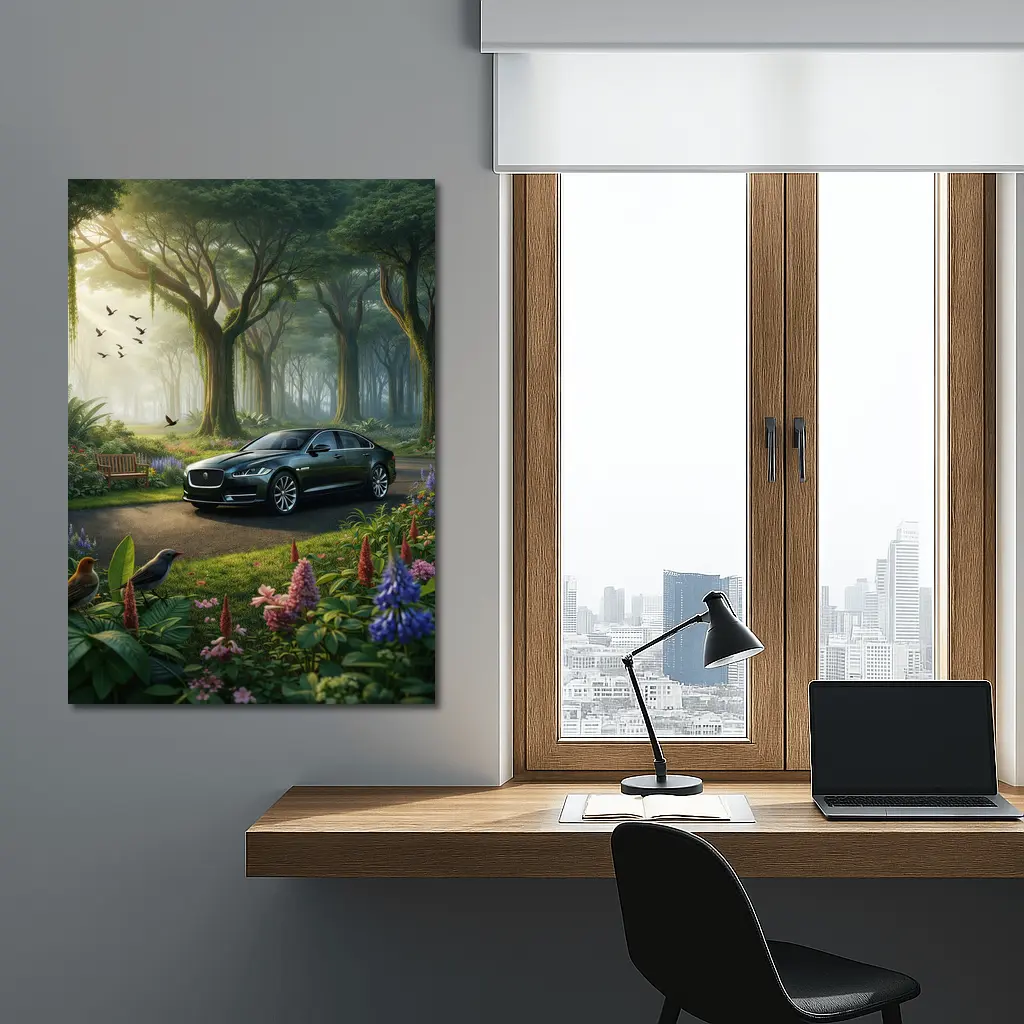 Jaguar XJ Sedan in Lush Forest Garden – Wall Art