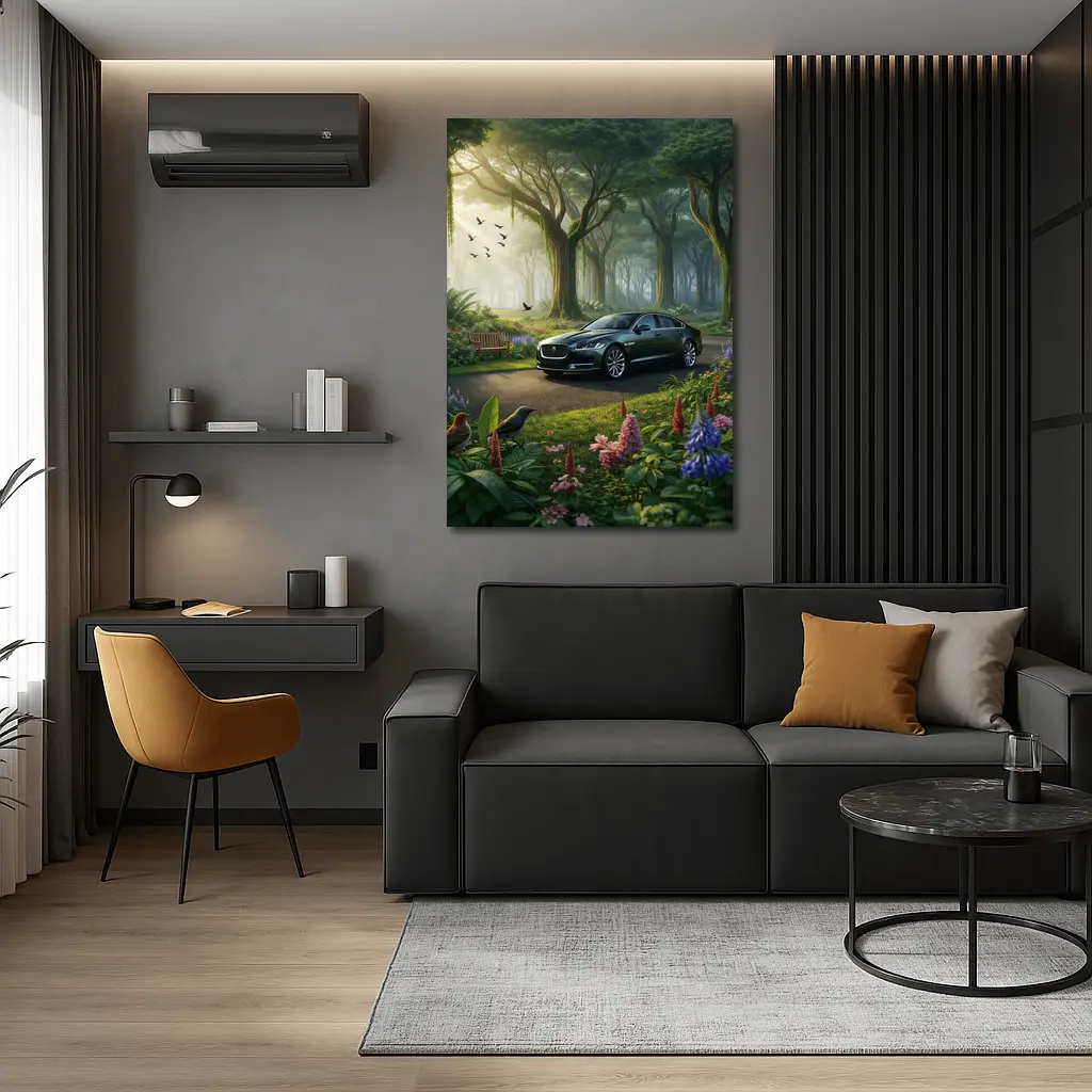 Jaguar XJ Sedan in Lush Forest Garden – Wall Art