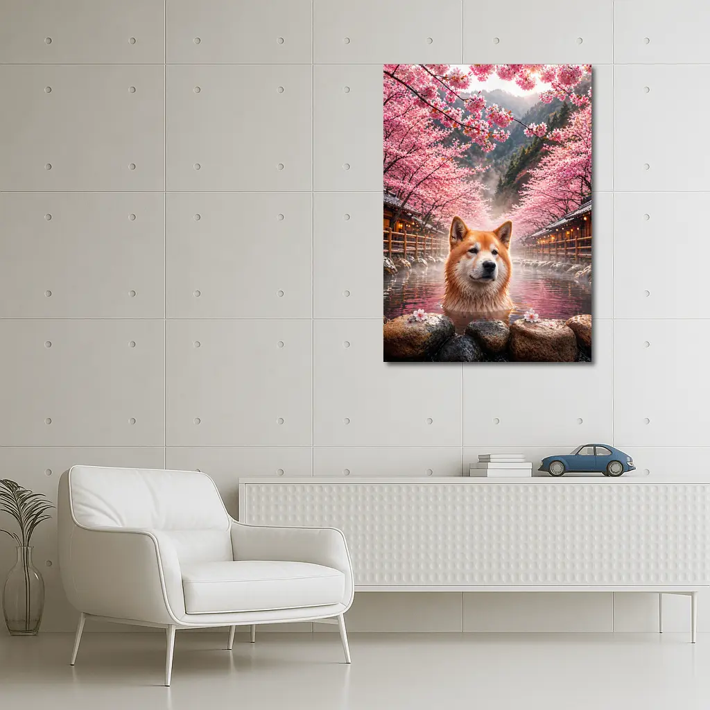 Akita Dog Soaking In Cherry Blossom Hot Spring – Wall Art