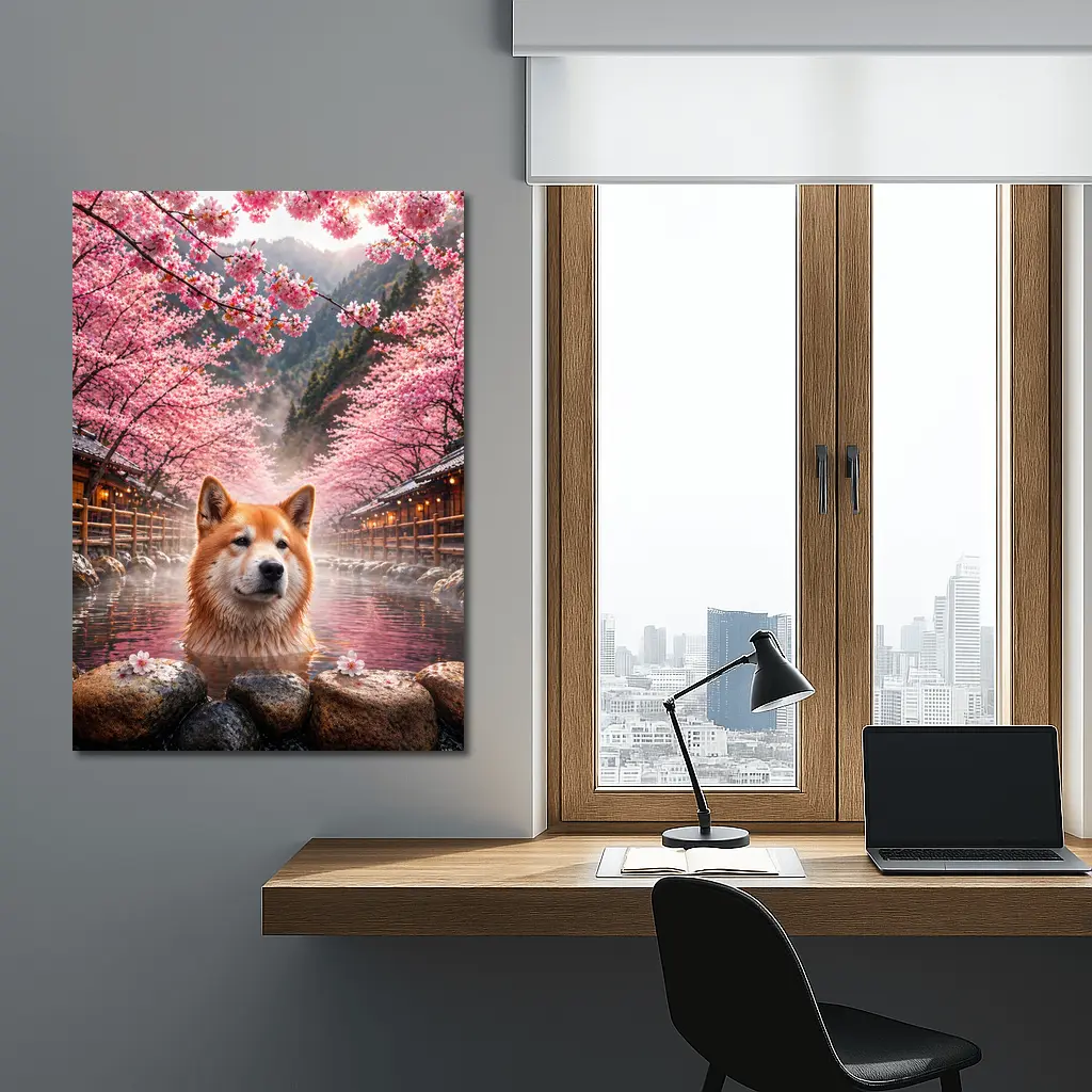 Akita Dog Soaking In Cherry Blossom Hot Spring – Wall Art