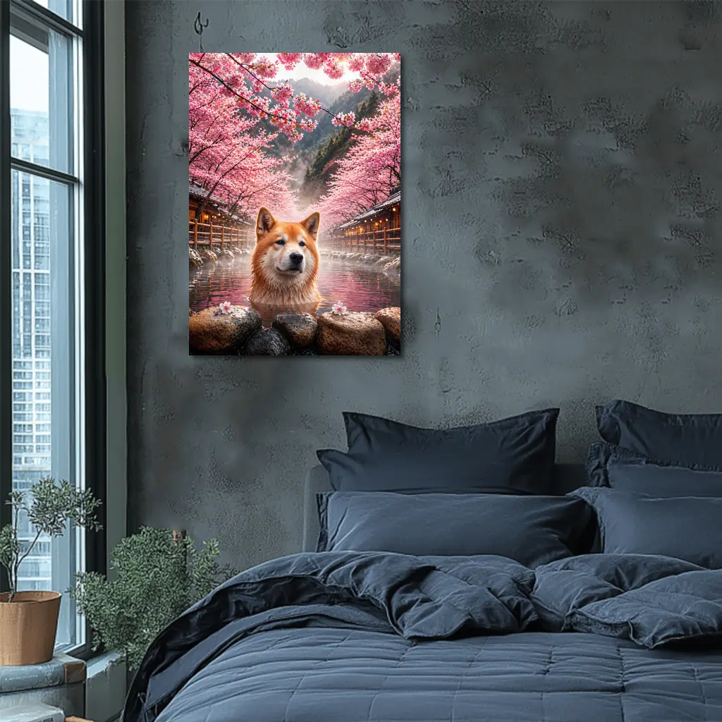 Akita Dog Soaking In Cherry Blossom Hot Spring – Wall Art