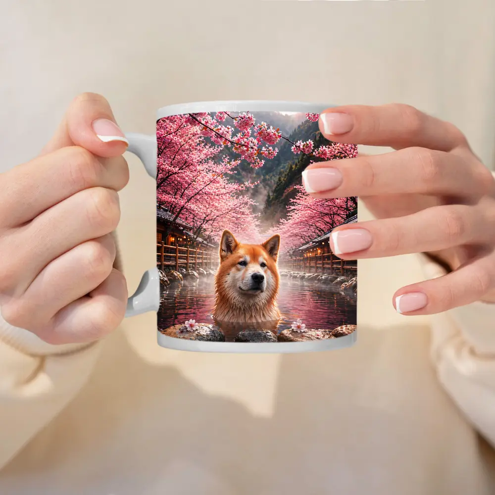 Akita Dog Soaking In Cherry Blossom Hot Spring – Mugs