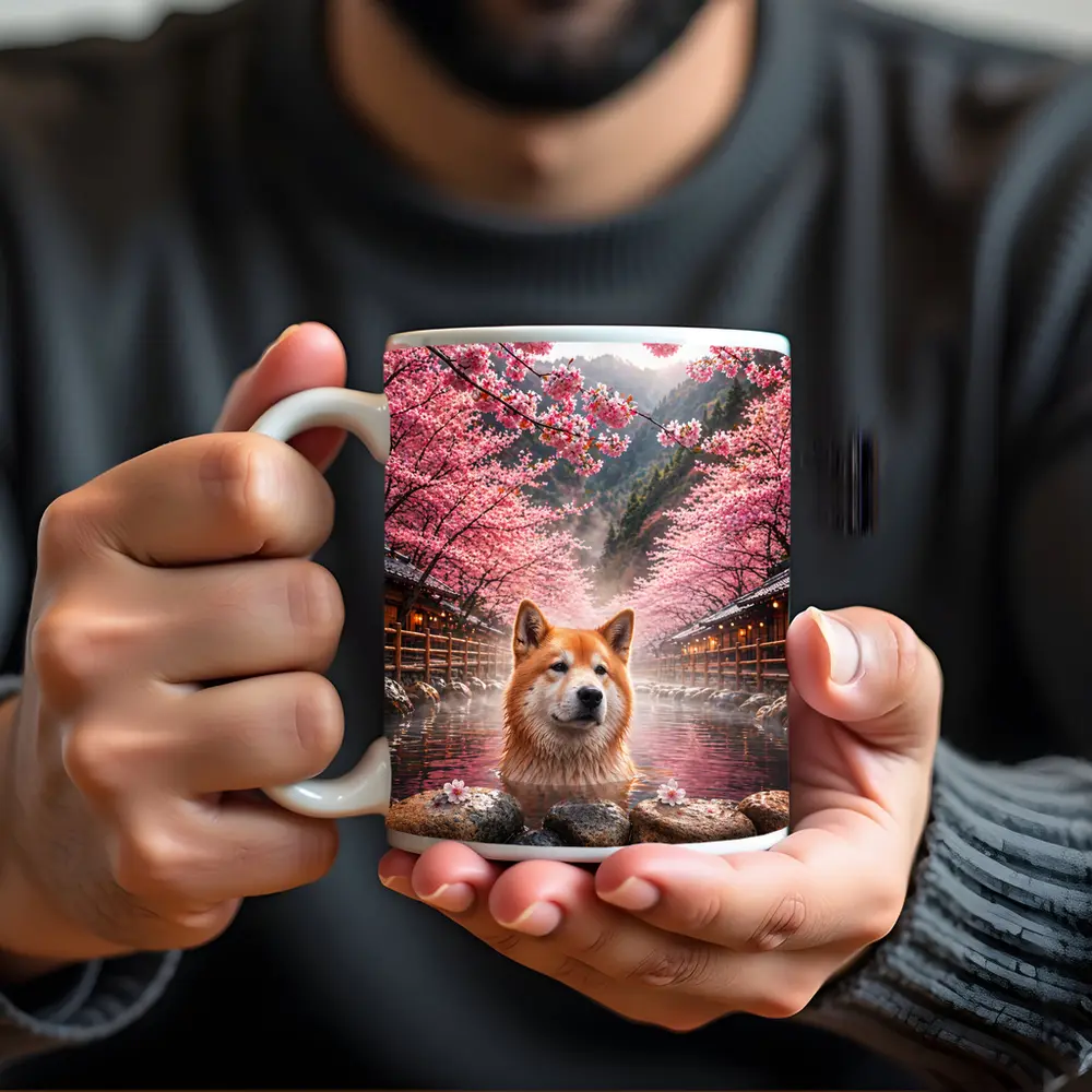 Akita Dog Soaking In Cherry Blossom Hot Spring – Mugs