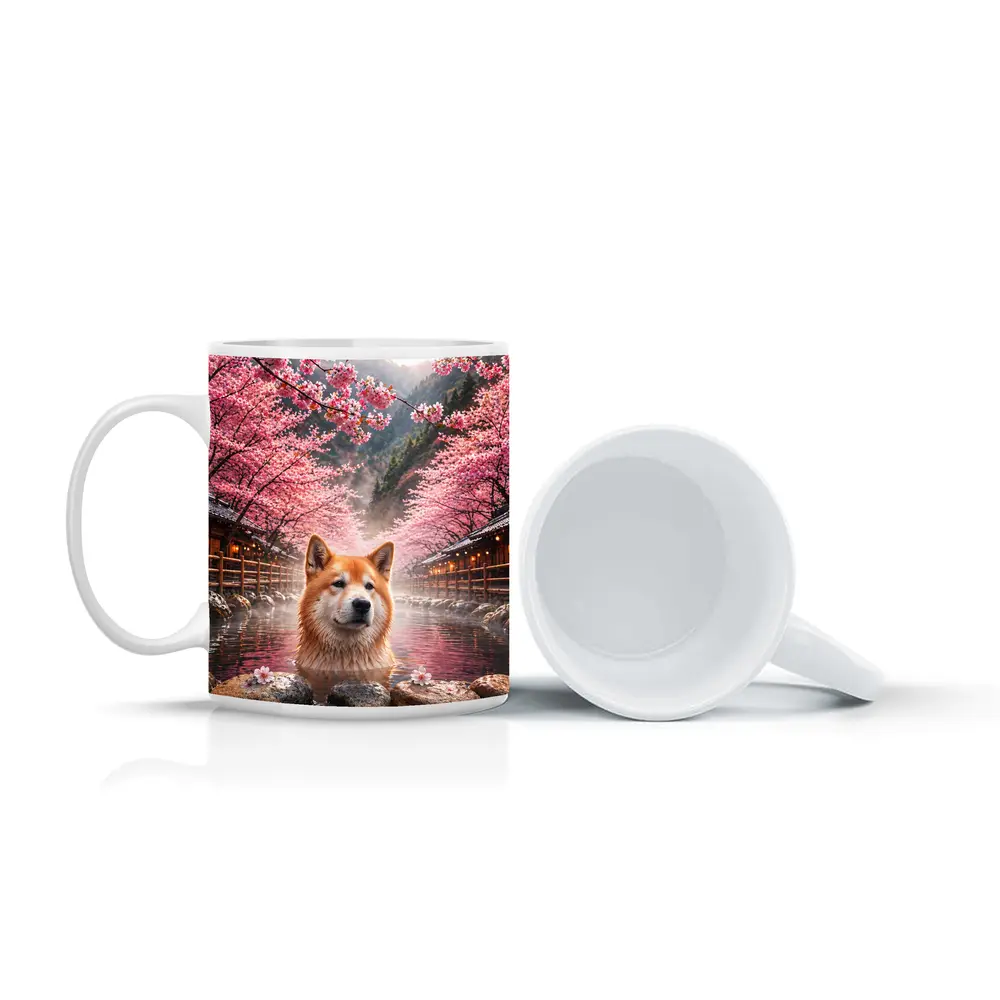 Akita Dog Soaking In Cherry Blossom Hot Spring – Mugs