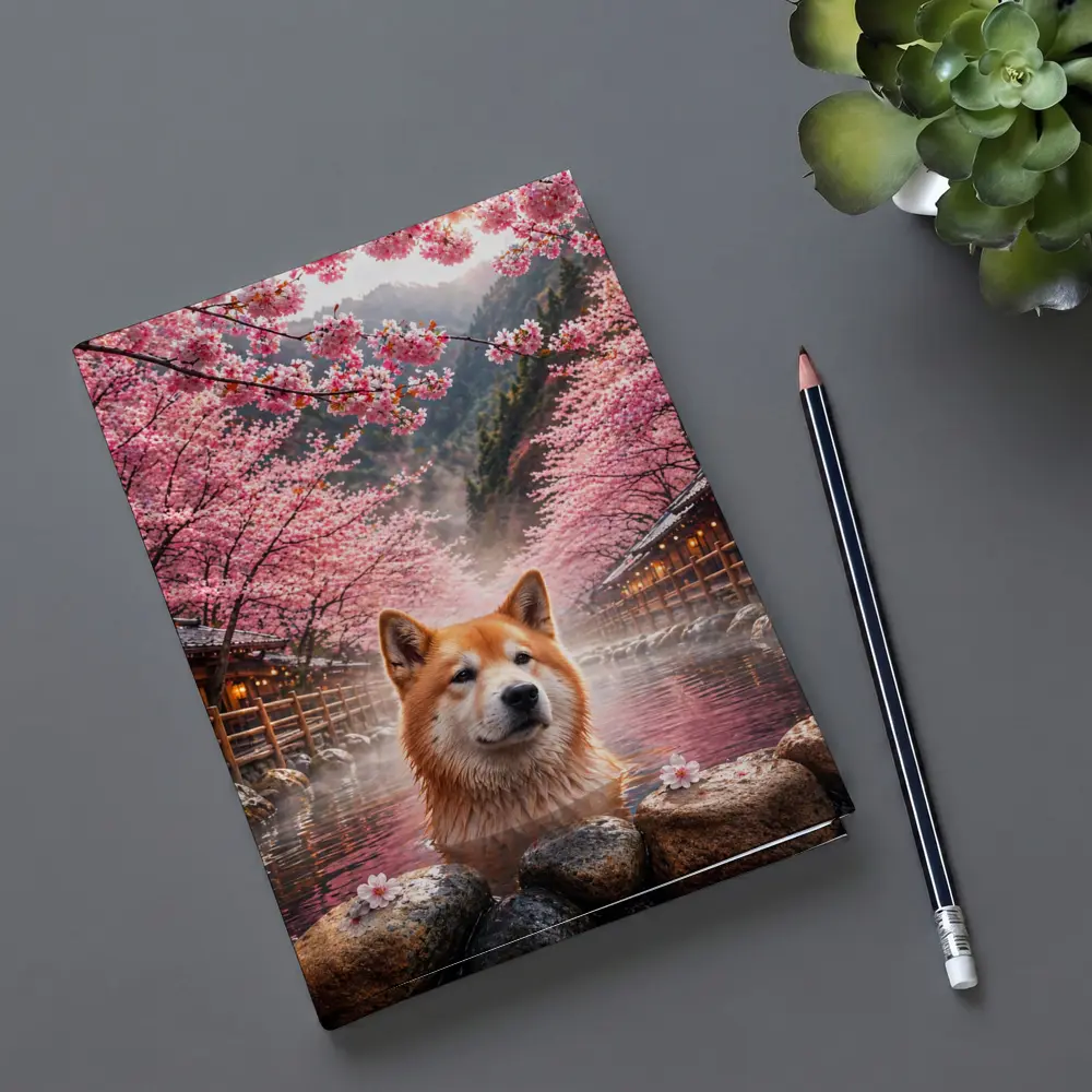 Akita Dog Soaking In Cherry Blossom Hot Spring – Notebooks