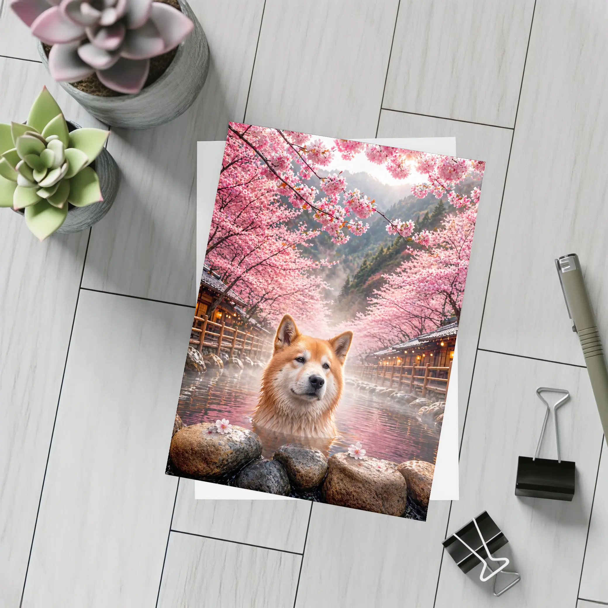 Akita Dog Soaking In Cherry Blossom Hot Spring – Postcards
