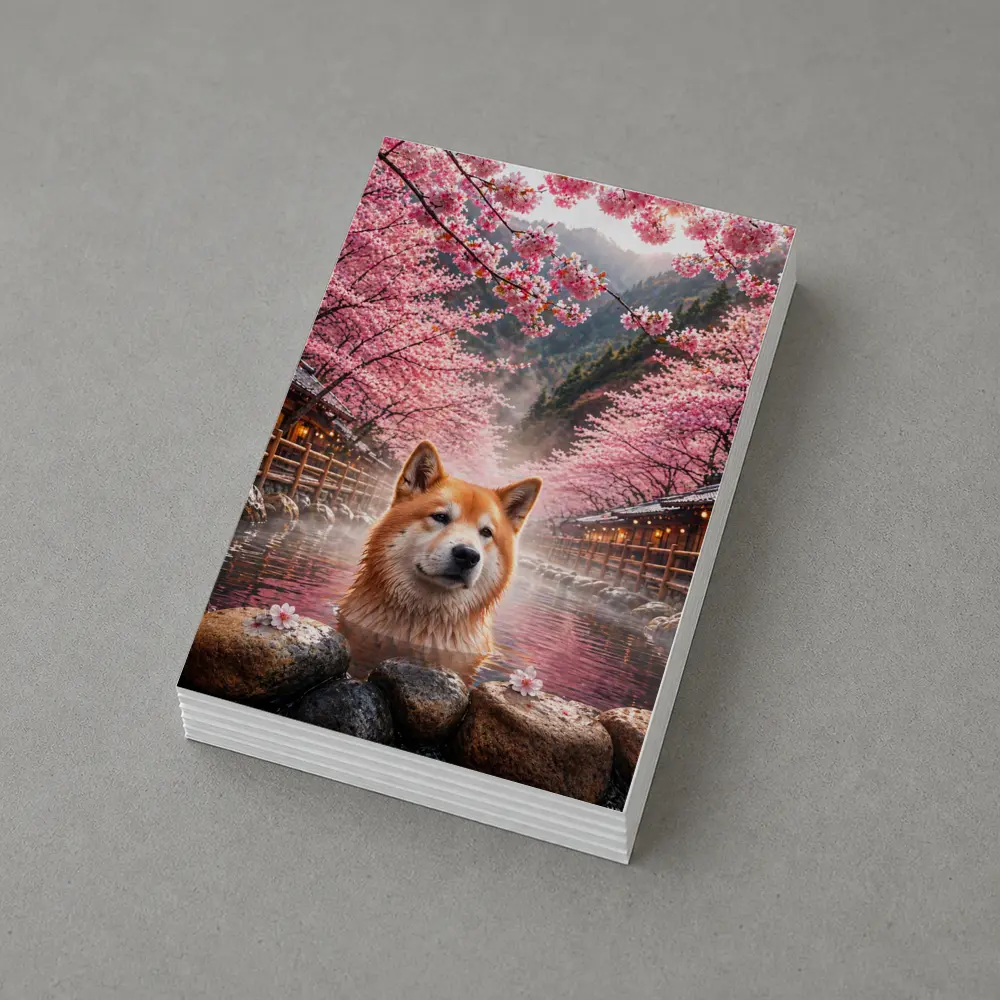 Akita Dog Soaking In Cherry Blossom Hot Spring – Postcards