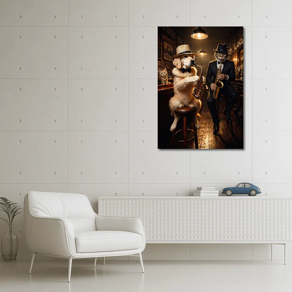 Golden Retriever and Cat Jazz Bar – Wall Art