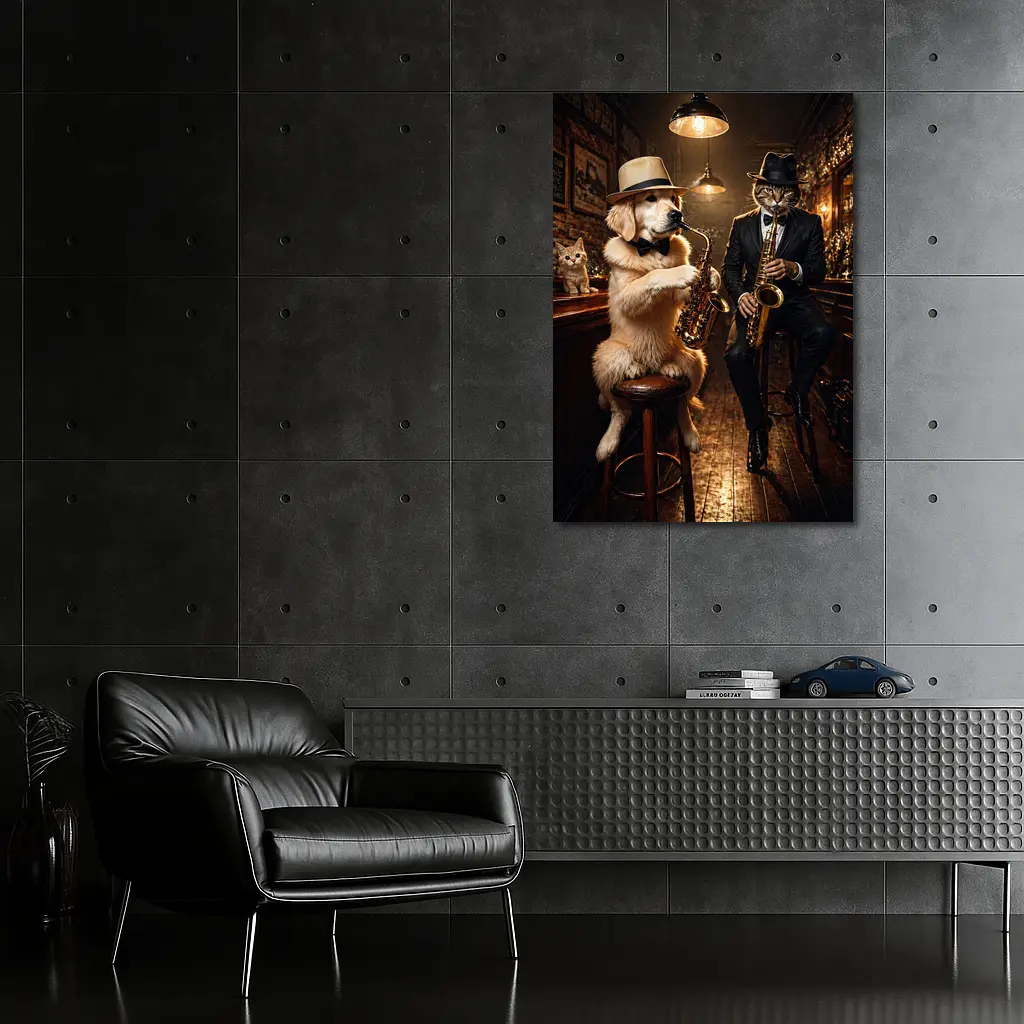Golden Retriever and Cat Jazz Bar – Wall Art