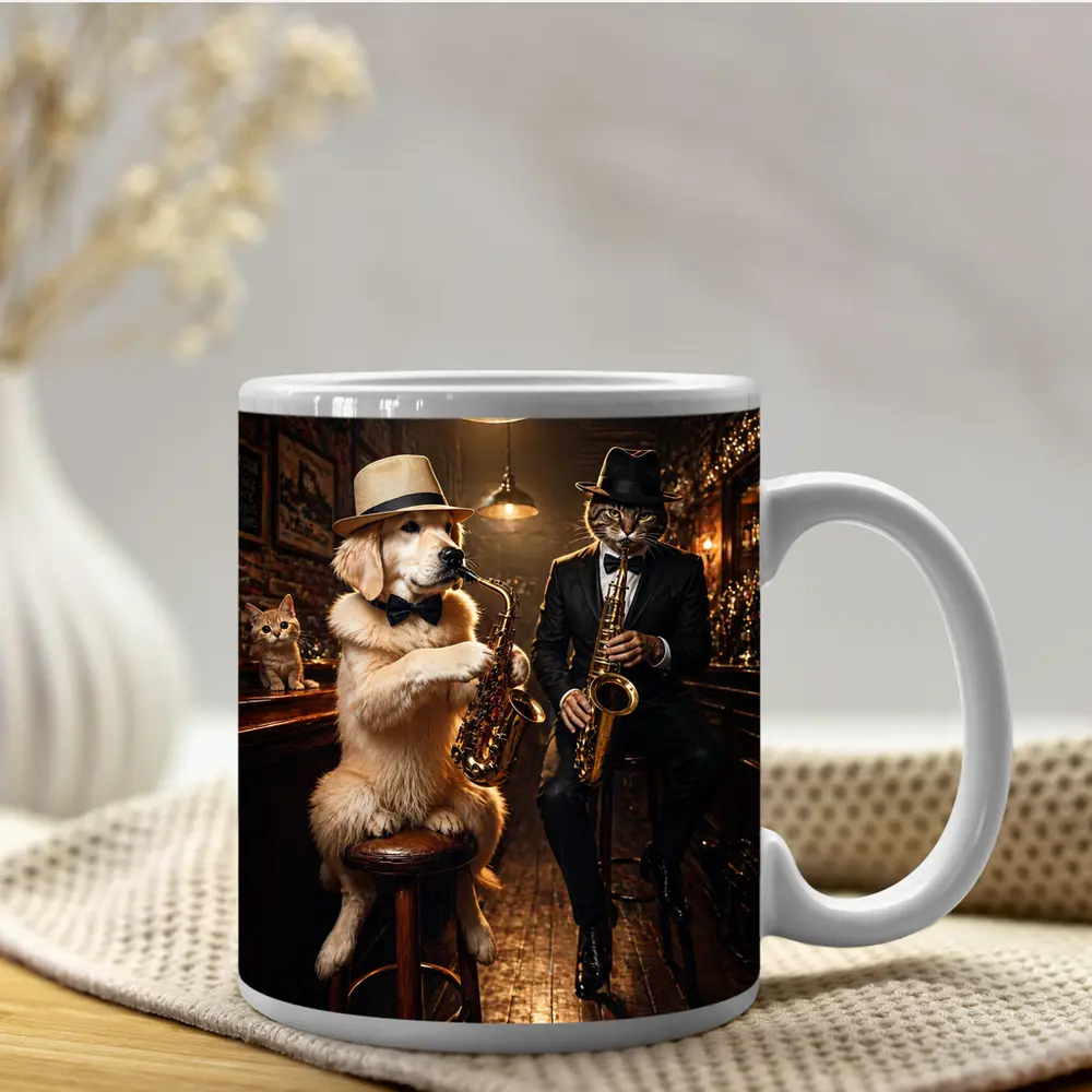 Golden Retriever and Cat Jazz Bar – Mugs