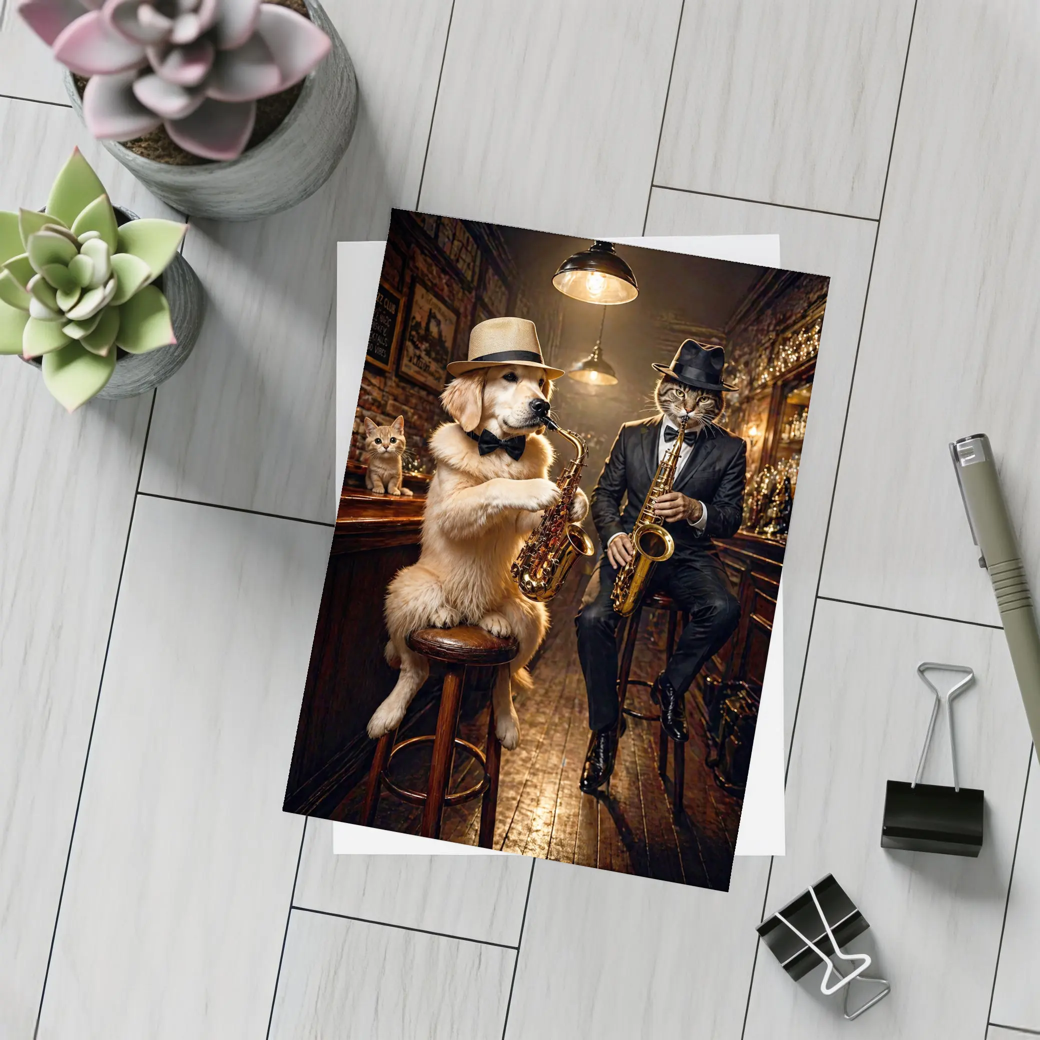 Golden Retriever and Cat Jazz Bar – Postcards