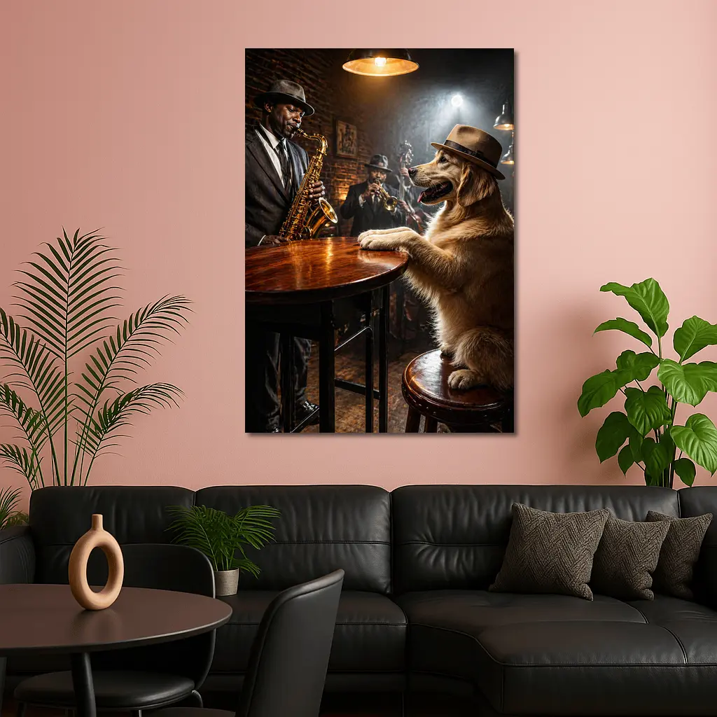Golden Retriever Jazz Bar Saxophone Night – Wall Art