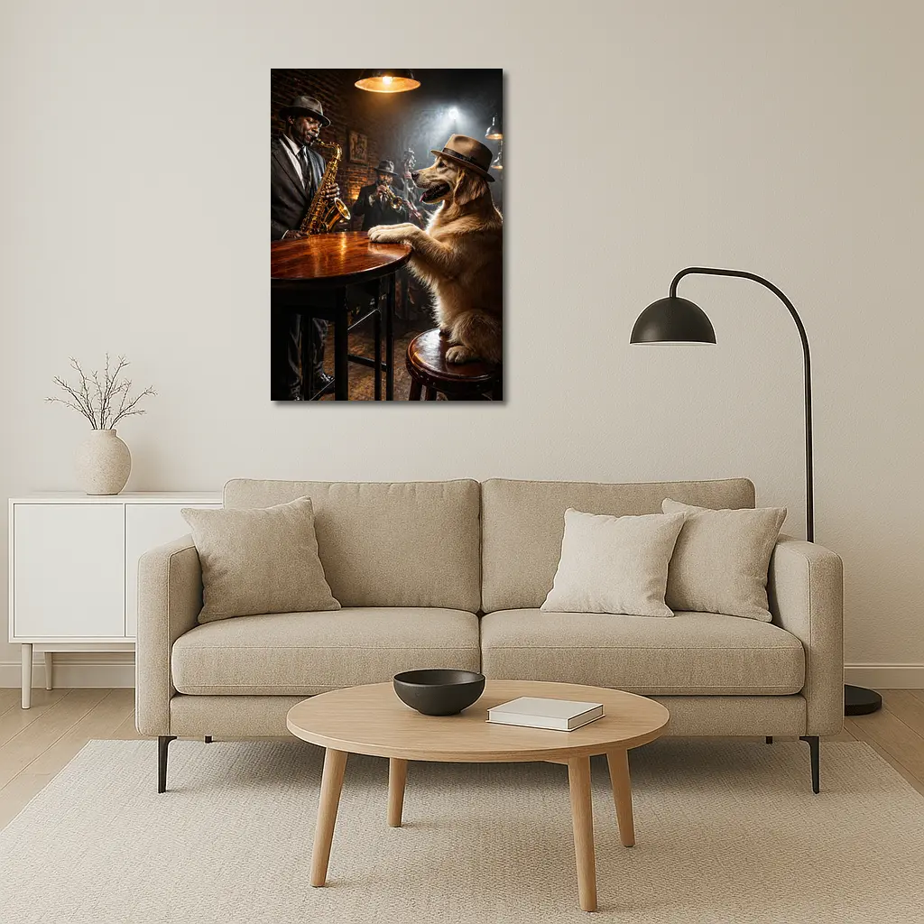 Golden Retriever Jazz Bar Saxophone Night – Wall Art