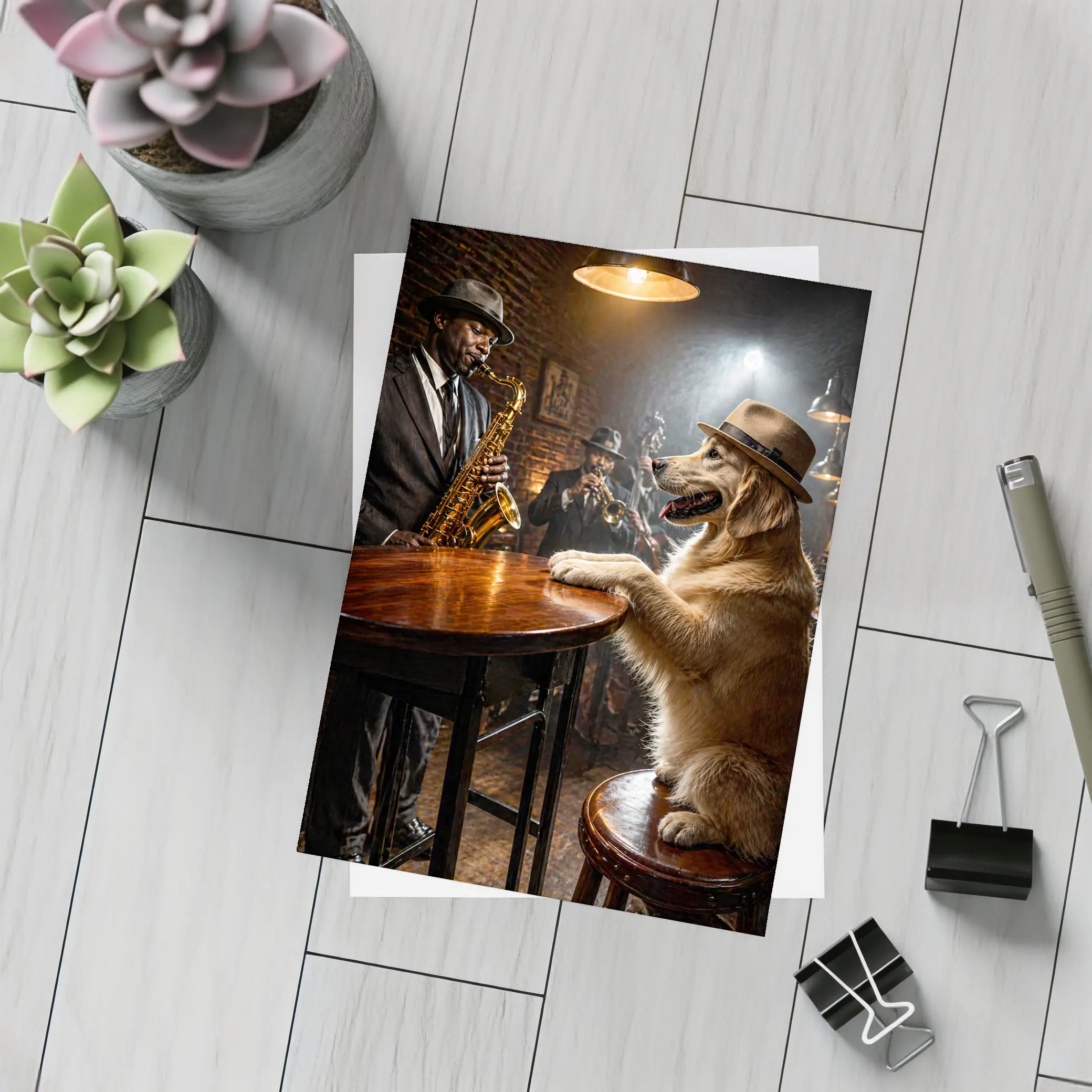 Golden Retriever Jazz Bar Saxophone Night – Postcards