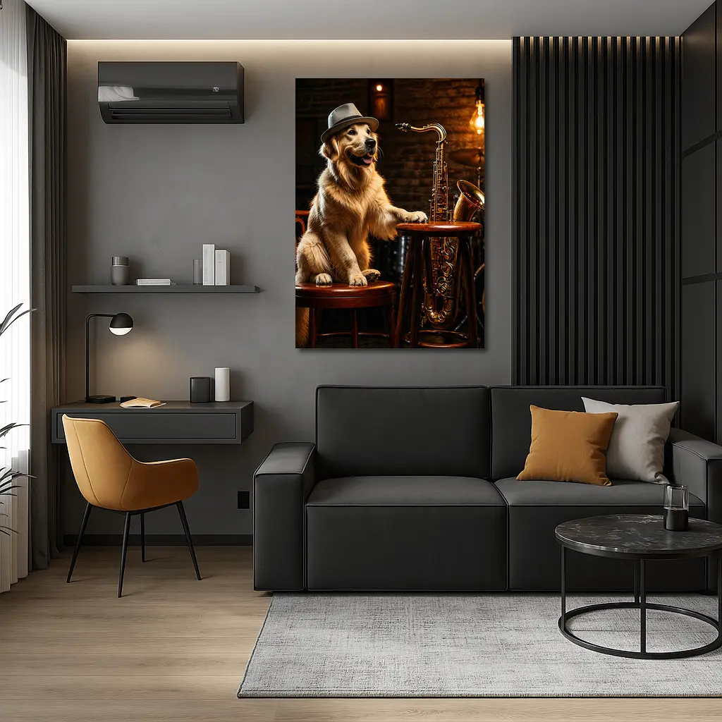 Golden Retriever Jazz Musician Saxophone Bar Setting – Wall Art
