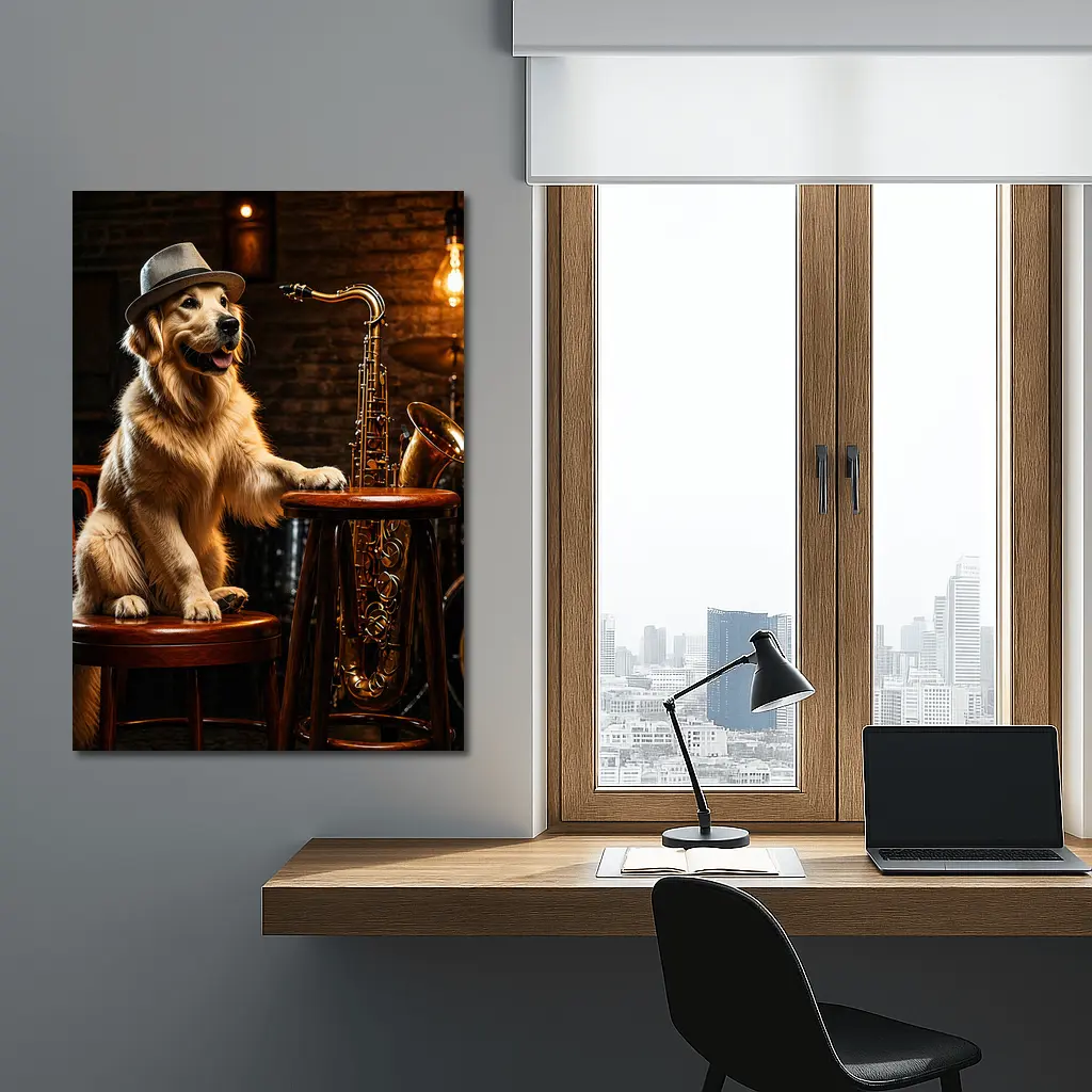 Golden Retriever Jazz Musician Saxophone Bar Setting – Wall Art