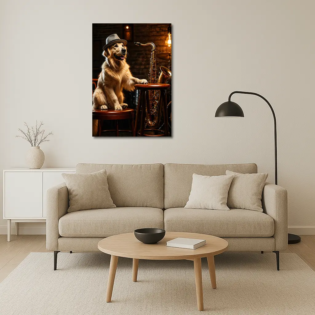 Golden Retriever Jazz Musician Saxophone Bar Setting – Wall Art