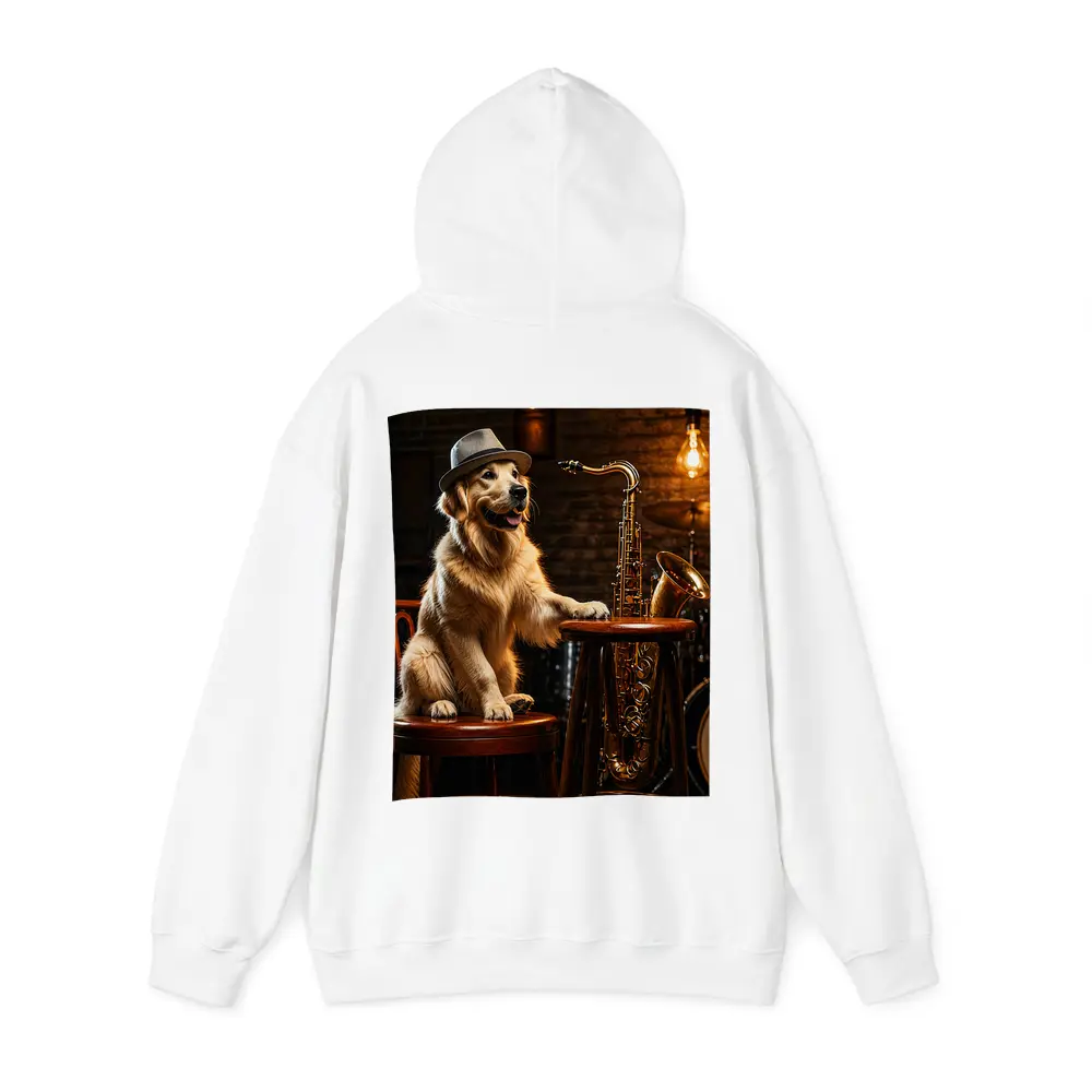 Golden Retriever Jazz Musician Saxophone Bar Setting – Hoodies