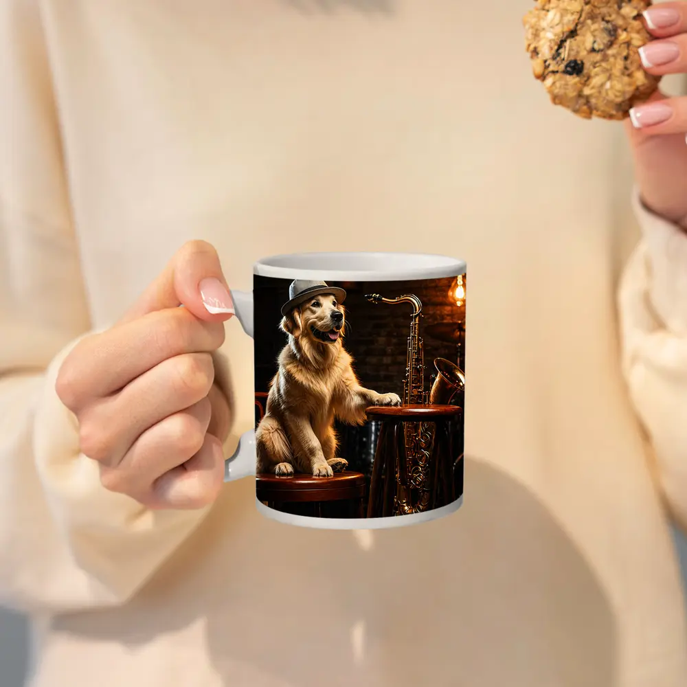 Golden Retriever Jazz Musician Saxophone Bar Setting – Mugs