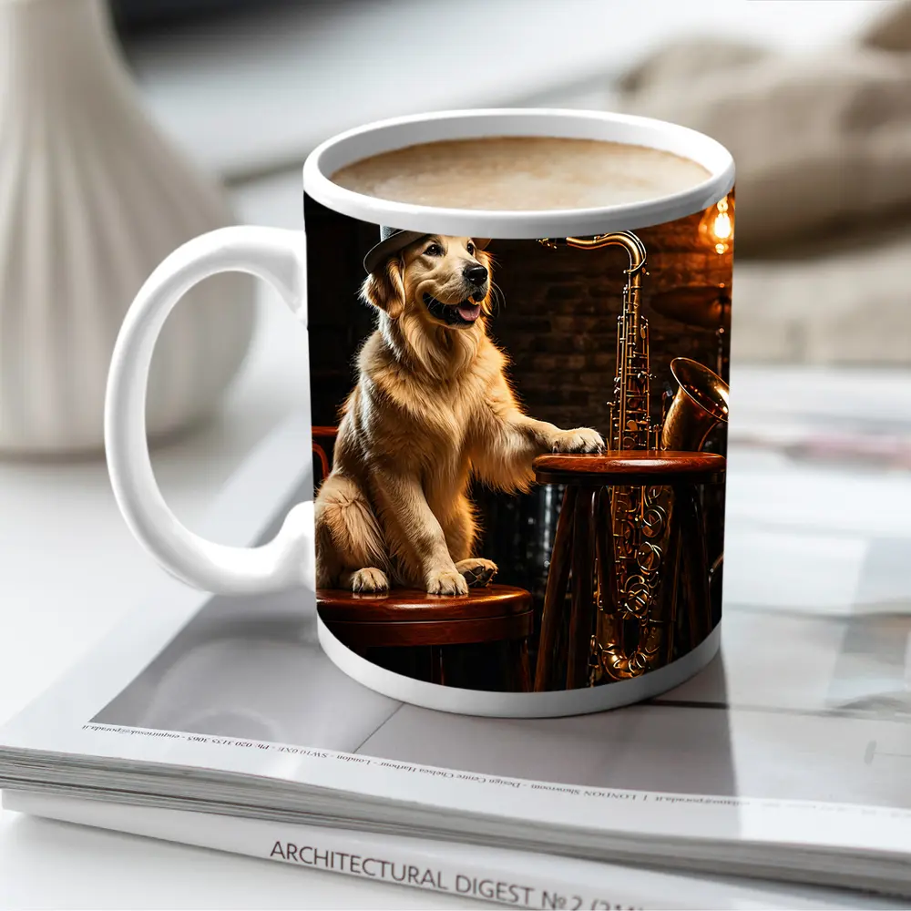 Golden Retriever Jazz Musician Saxophone Bar Setting – Mugs
