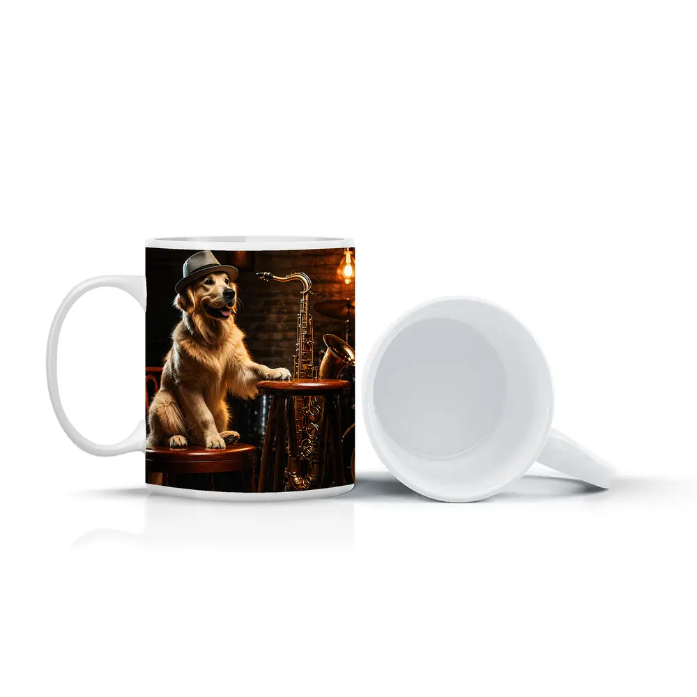 Golden Retriever Jazz Musician Saxophone Bar Setting – Mugs