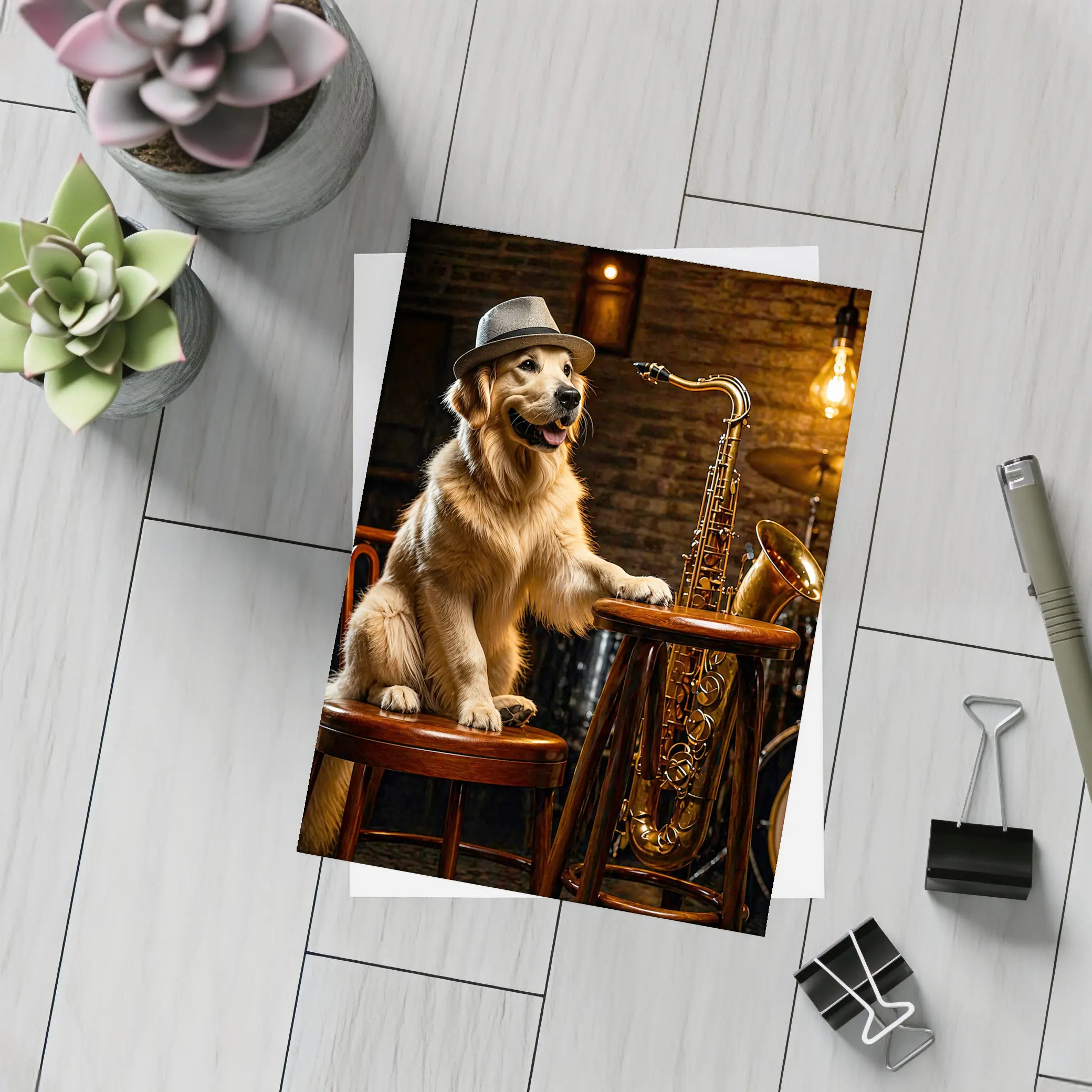 Golden Retriever Jazz Musician Saxophone Bar Setting – Postcards