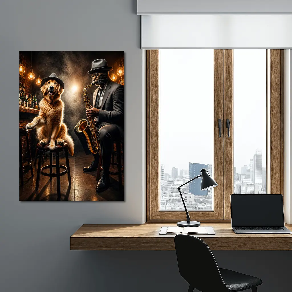 Golden Retriever and Cat Jazz Club Bar – Wall Art