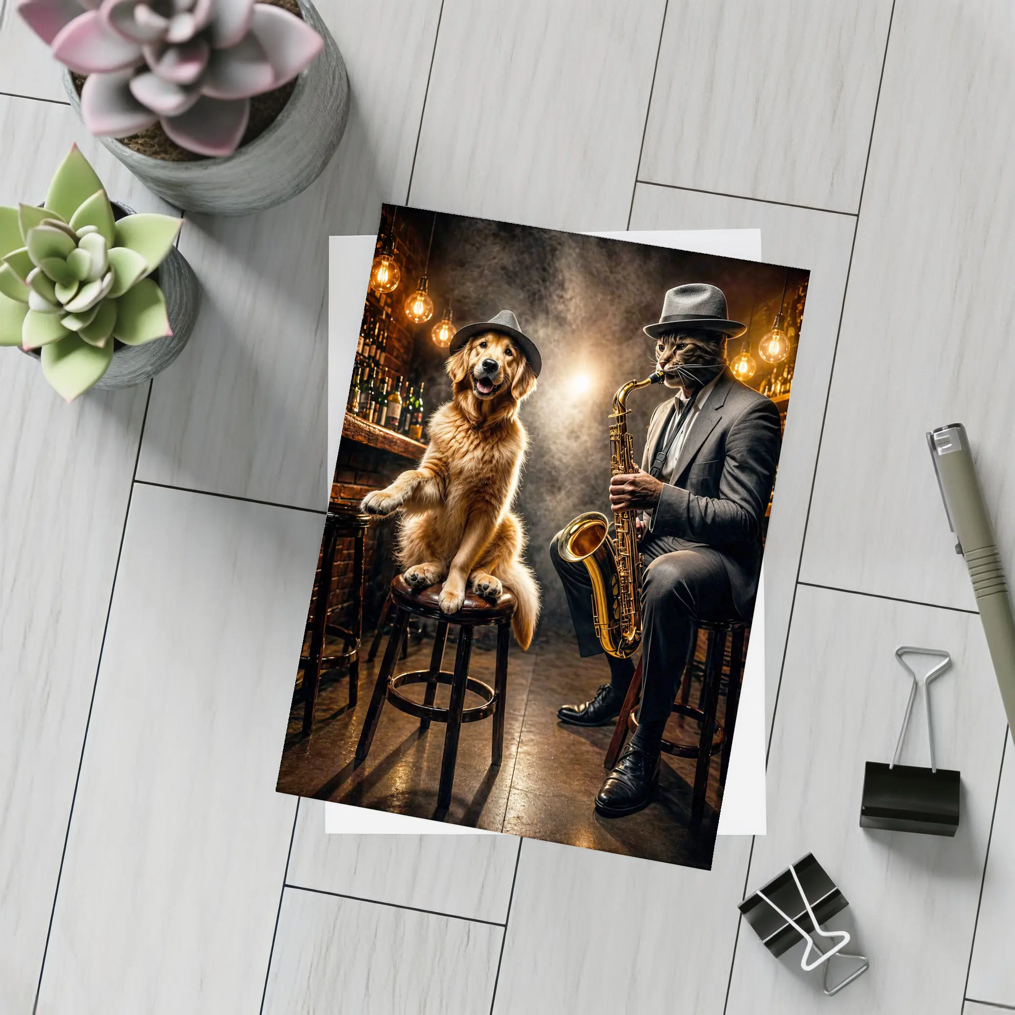 Golden Retriever and Cat Jazz Club Bar – Postcards