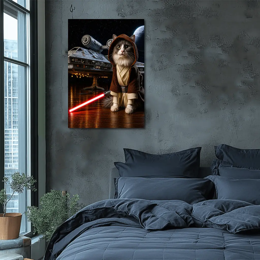 Jedi Cat Red Lightsaber Spaceship Dark Sky – Wall Art