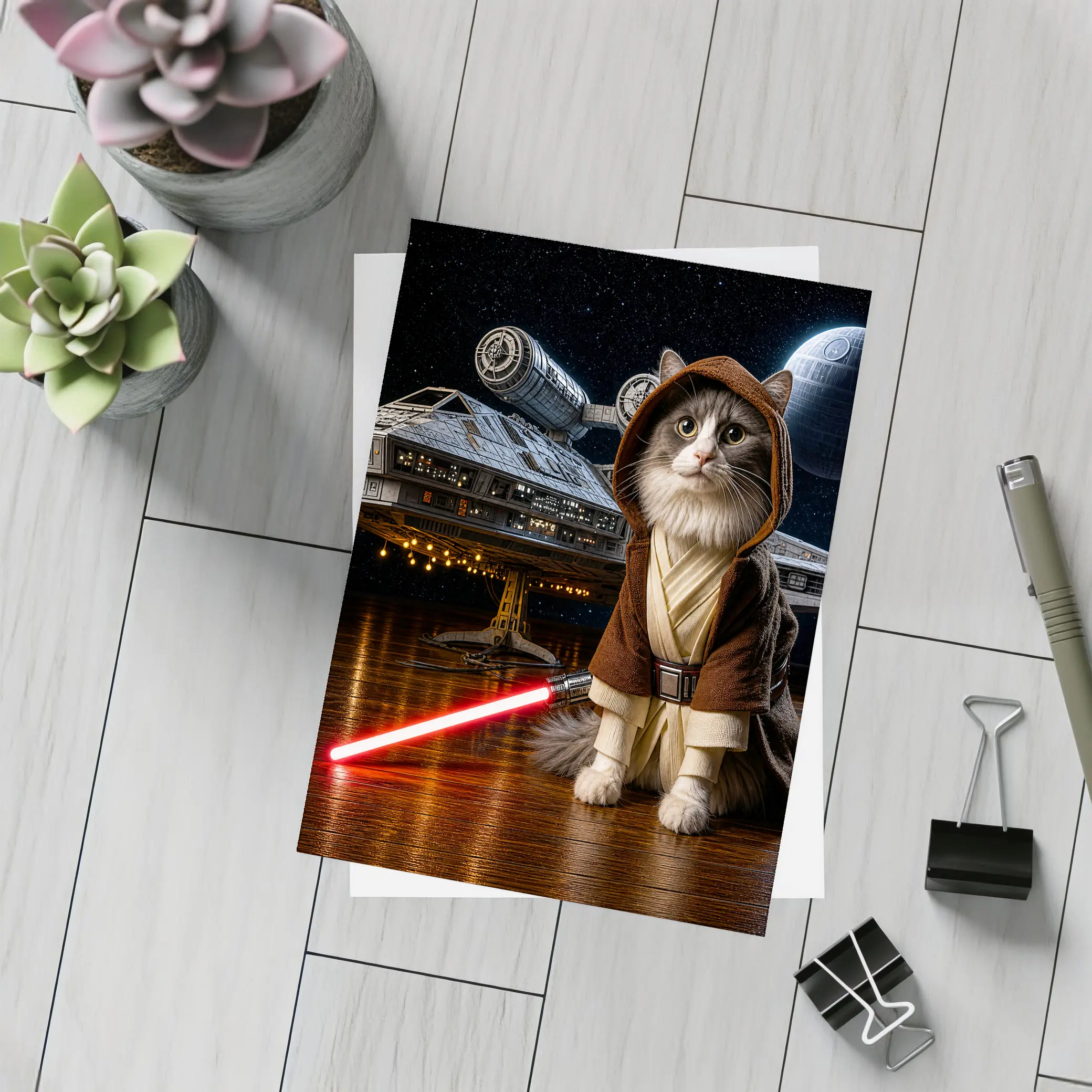 Jedi Cat Red Lightsaber Spaceship Dark Sky – Postcards
