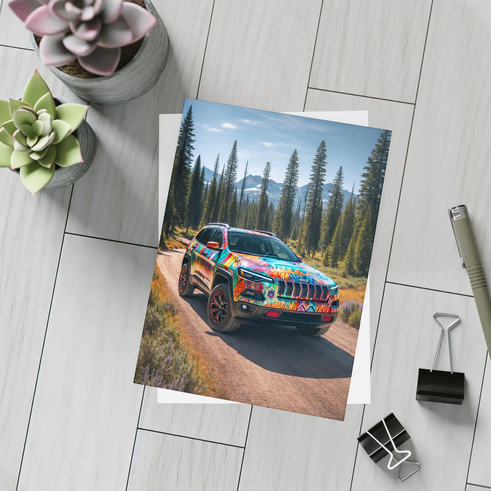 Jeep Cherokee Colorful Art Forest Trail – Postcards