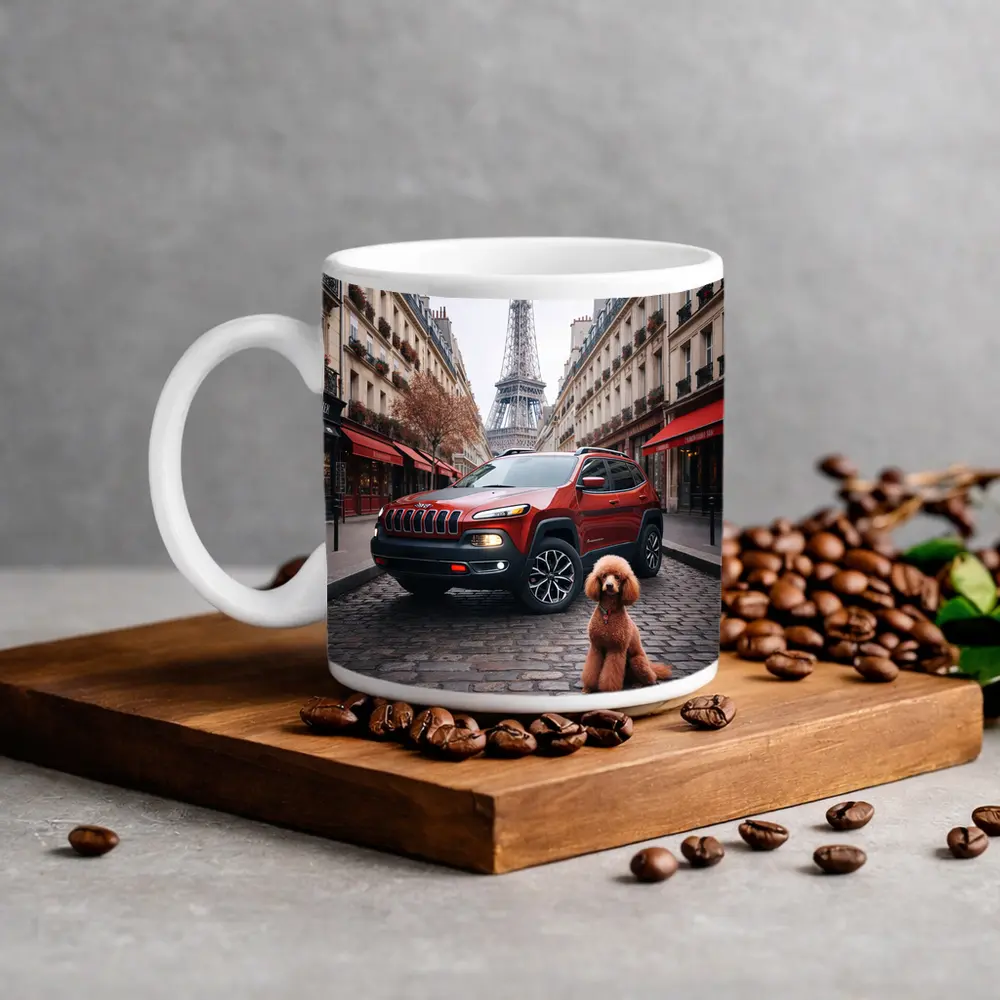 Red Jeep Cherokee Paris Eiffel Tower Poodle – Mugs