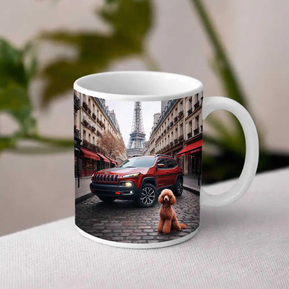 Red Jeep Cherokee Paris Eiffel Tower Poodle – Mugs