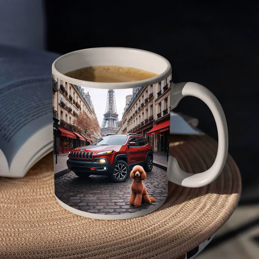 Red Jeep Cherokee Paris Eiffel Tower Poodle – Mugs