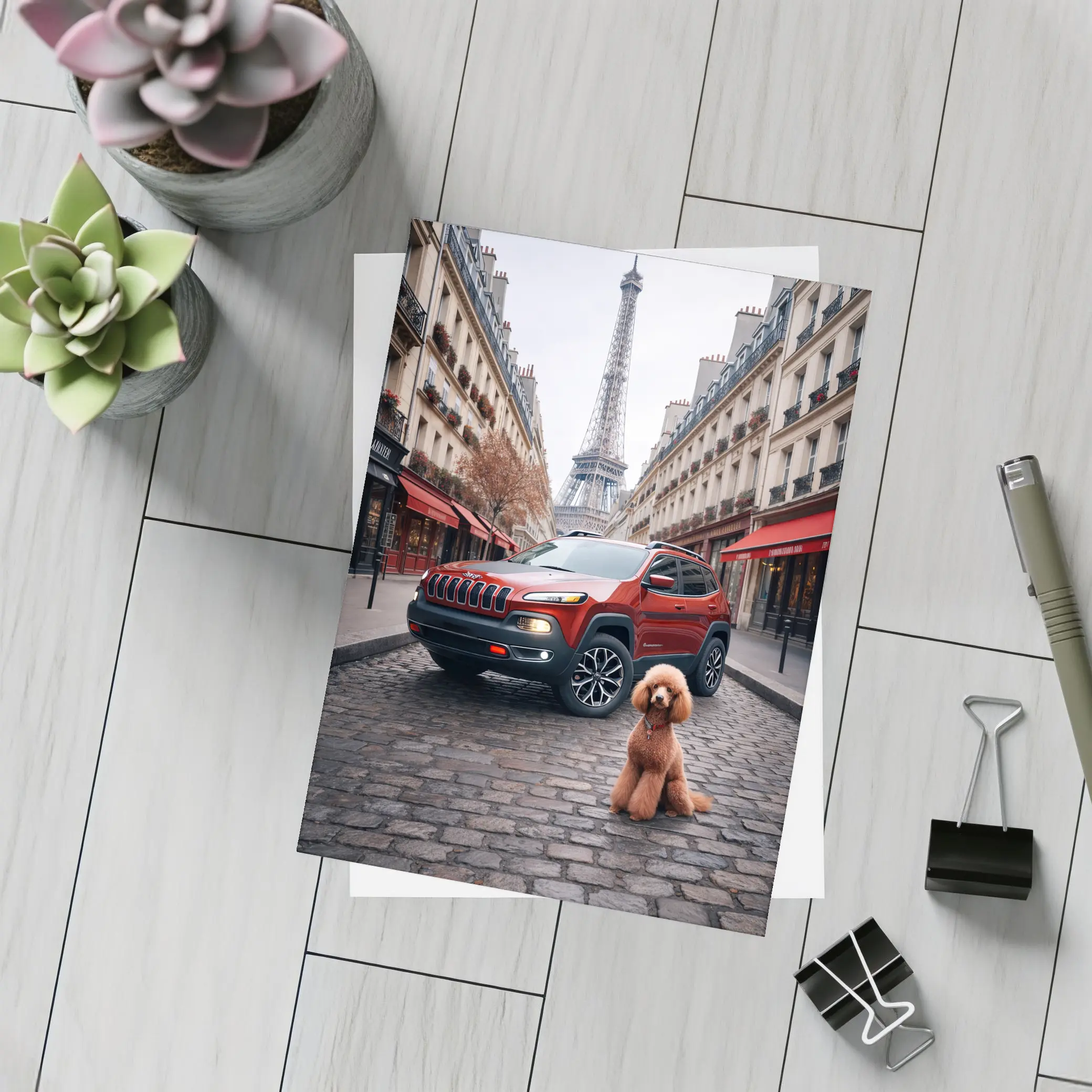Red Jeep Cherokee Paris Eiffel Tower Poodle – Postcards