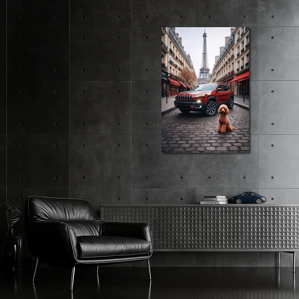 Red Jeep Cherokee Paris Eiffel Tower Poodle – Wall Art