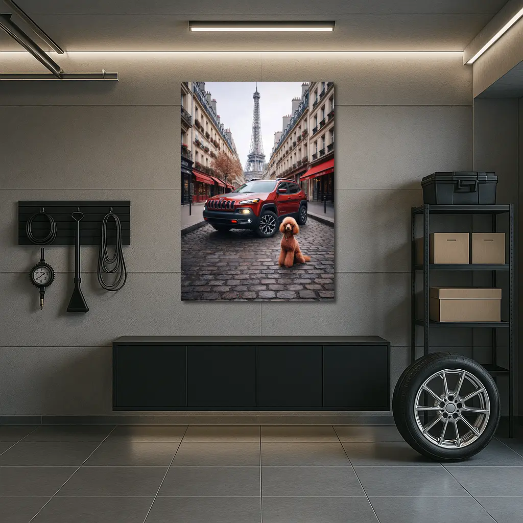 Red Jeep Cherokee Paris Eiffel Tower Poodle – Wall Art