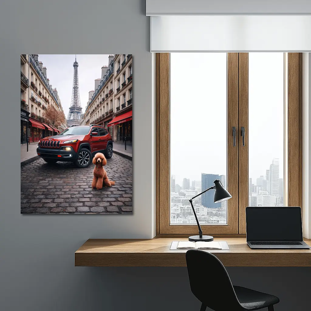 Red Jeep Cherokee Paris Eiffel Tower Poodle – Wall Art