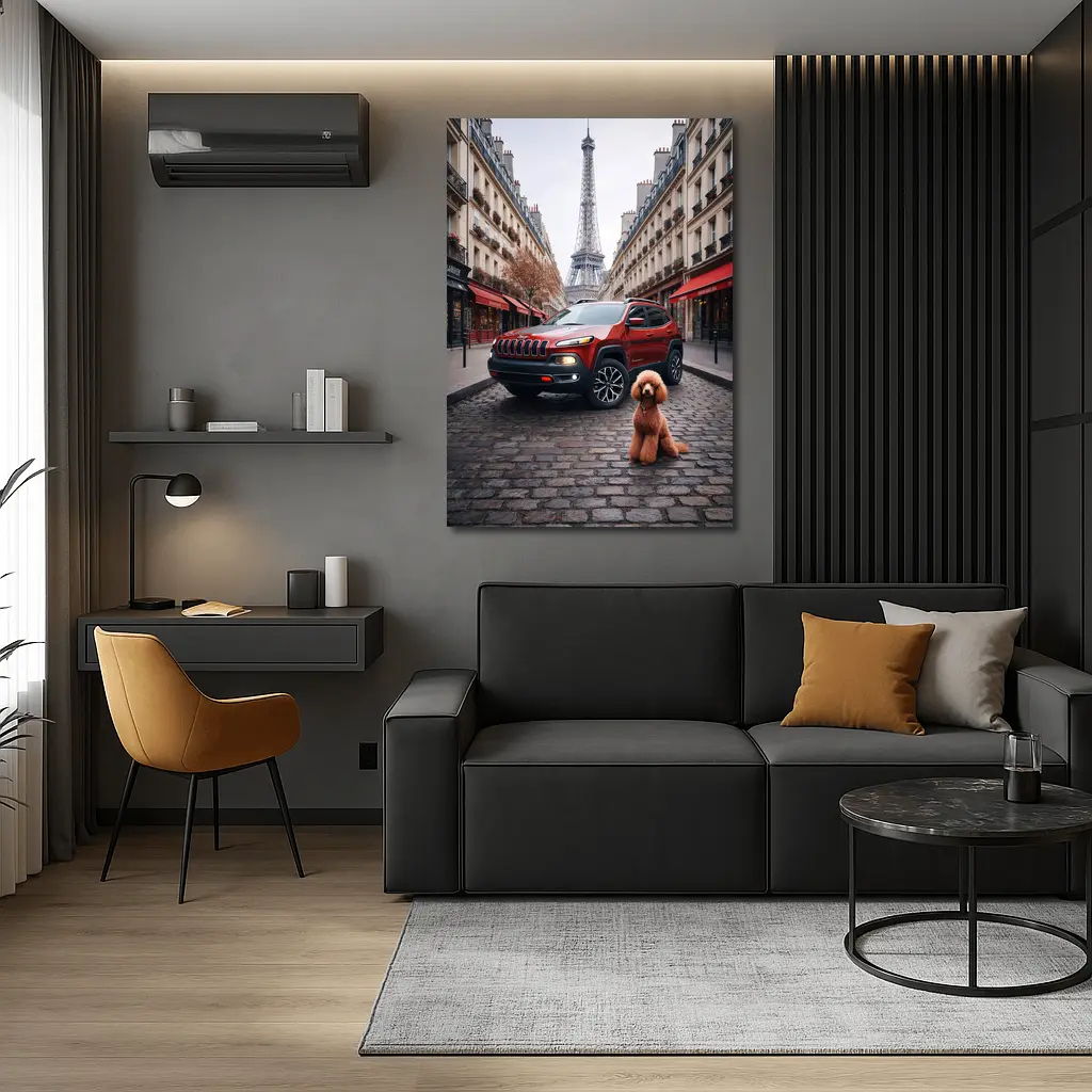 Red Jeep Cherokee Paris Eiffel Tower Poodle – Wall Art