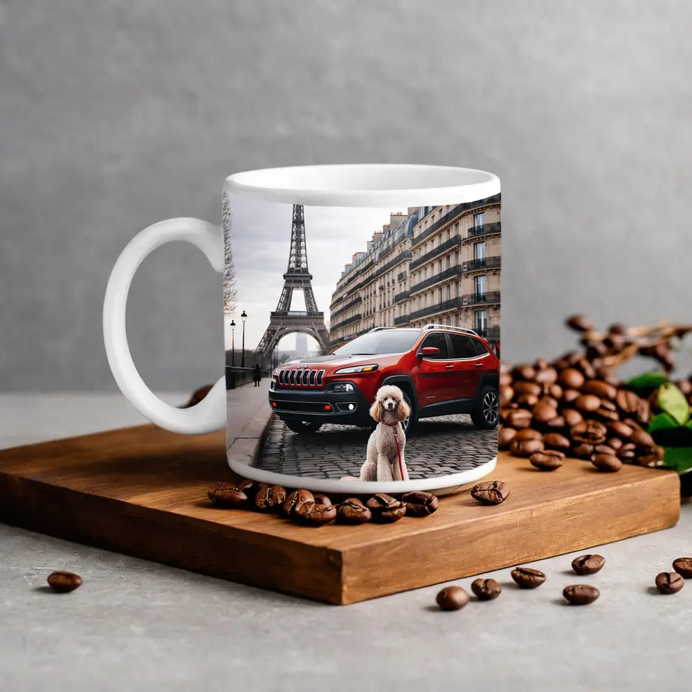 Red Jeep Cherokee Poodle Paris Eiffel Tower – Mugs