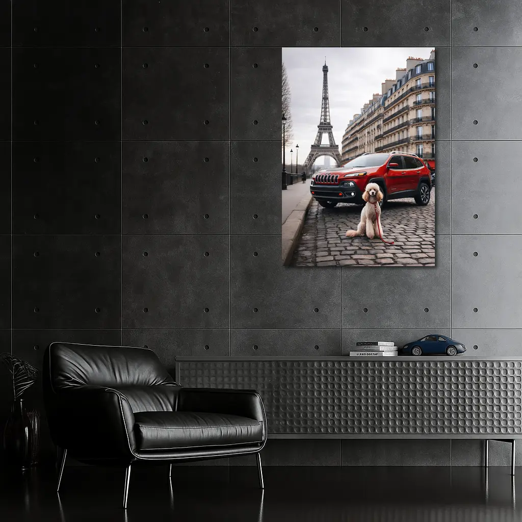 Red Jeep Cherokee Poodle Paris Eiffel Tower – Wall Art